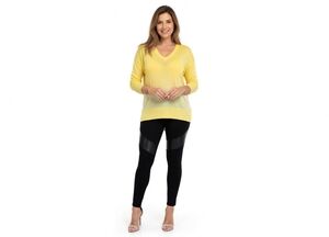 ZARA Women's Yellow V-Neck Knit Sweater Size M Long Sleeve Elastic Hem Pullover